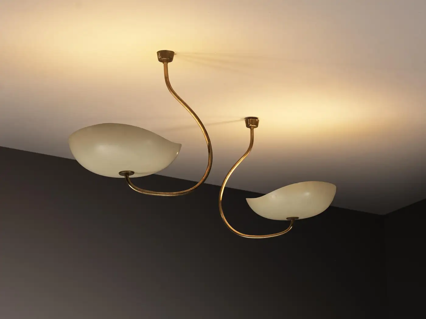 Lumen Organic Chandeliers in Brass with Cream Enameled Aluminum Shades 1950s